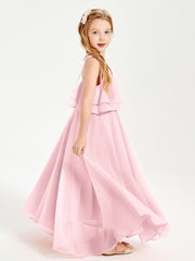 Long Chiffon Junior Bridesmaid Dresses Bowknot Spaghetti Straps Blushing Pink