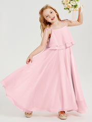 Long Chiffon Junior Bridesmaid Dresses Bowknot Spaghetti Straps Blushing Pink