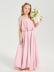 Long Chiffon Junior Bridesmaid Dresses Bowknot Spaghetti Straps Blushing Pink