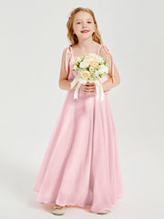 Long Chiffon Junior Bridesmaid Dresses Bowknot Spaghetti Straps Blushing Pink