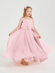 Long Chiffon Junior Bridesmaid Dresses Bowknot Spaghetti Straps Blushing Pink