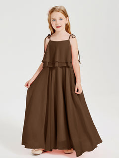 Long Chiffon Junior Bridesmaid Dresses Bowknot Spaghetti Straps Brown