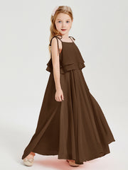 Long Chiffon Junior Bridesmaid Dresses Bowknot Spaghetti Straps Brown