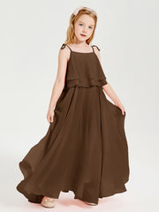Long Chiffon Junior Bridesmaid Dresses Bowknot Spaghetti Straps Brown