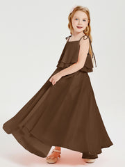Long Chiffon Junior Bridesmaid Dresses Bowknot Spaghetti Straps Brown