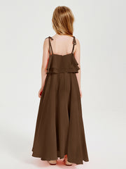Long Chiffon Junior Bridesmaid Dresses Bowknot Spaghetti Straps Brown