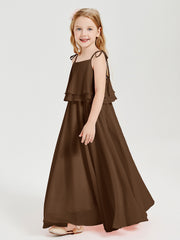 Long Chiffon Junior Bridesmaid Dresses Bowknot Spaghetti Straps Brown