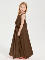 Long Chiffon Junior Bridesmaid Dresses Bowknot Spaghetti Straps Brown