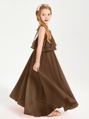 Long Chiffon Junior Bridesmaid Dresses Bowknot Spaghetti Straps Brown