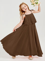 Long Chiffon Junior Bridesmaid Dresses Bowknot Spaghetti Straps Brown