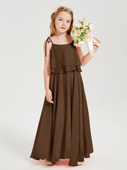 Long Chiffon Junior Bridesmaid Dresses Bowknot Spaghetti Straps Brown