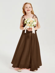 Long Chiffon Junior Bridesmaid Dresses Bowknot Spaghetti Straps Brown