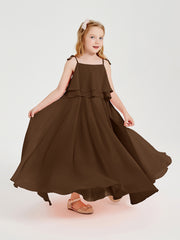 Long Chiffon Junior Bridesmaid Dresses Bowknot Spaghetti Straps Brown