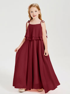 Long Chiffon Junior Bridesmaid Dresses Bowknot Spaghetti Straps Burgundy