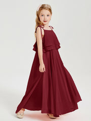 Long Chiffon Junior Bridesmaid Dresses Bowknot Spaghetti Straps Burgundy
