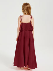 Long Chiffon Junior Bridesmaid Dresses Bowknot Spaghetti Straps Burgundy