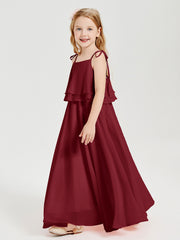 Long Chiffon Junior Bridesmaid Dresses Bowknot Spaghetti Straps Burgundy