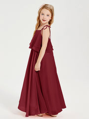 Long Chiffon Junior Bridesmaid Dresses Bowknot Spaghetti Straps Burgundy