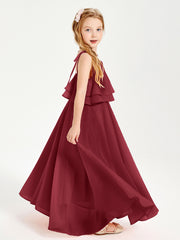 Long Chiffon Junior Bridesmaid Dresses Bowknot Spaghetti Straps Burgundy
