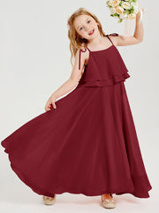 Long Chiffon Junior Bridesmaid Dresses Bowknot Spaghetti Straps Burgundy