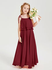 Long Chiffon Junior Bridesmaid Dresses Bowknot Spaghetti Straps Burgundy