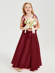 Long Chiffon Junior Bridesmaid Dresses Bowknot Spaghetti Straps Burgundy