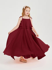 Long Chiffon Junior Bridesmaid Dresses Bowknot Spaghetti Straps Burgundy