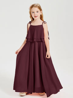 Long Chiffon Junior Bridesmaid Dresses Bowknot Spaghetti Straps Cabernet