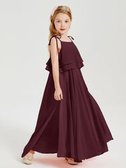 Long Chiffon Junior Bridesmaid Dresses Bowknot Spaghetti Straps Cabernet