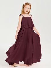 Long Chiffon Junior Bridesmaid Dresses Bowknot Spaghetti Straps Cabernet