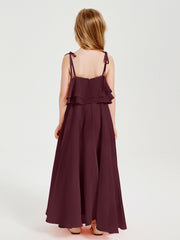 Long Chiffon Junior Bridesmaid Dresses Bowknot Spaghetti Straps Cabernet