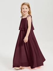 Long Chiffon Junior Bridesmaid Dresses Bowknot Spaghetti Straps Cabernet