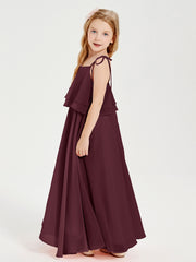 Long Chiffon Junior Bridesmaid Dresses Bowknot Spaghetti Straps Cabernet