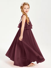 Long Chiffon Junior Bridesmaid Dresses Bowknot Spaghetti Straps Cabernet