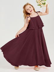 Long Chiffon Junior Bridesmaid Dresses Bowknot Spaghetti Straps Cabernet