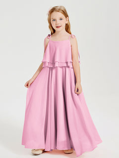 Long Chiffon Junior Bridesmaid Dresses Bowknot Spaghetti Straps Candy Pink