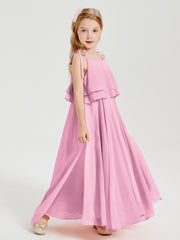 Long Chiffon Junior Bridesmaid Dresses Bowknot Spaghetti Straps Candy Pink