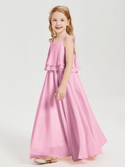 Long Chiffon Junior Bridesmaid Dresses Bowknot Spaghetti Straps Candy Pink