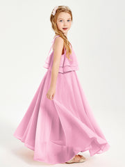Long Chiffon Junior Bridesmaid Dresses Bowknot Spaghetti Straps Candy Pink
