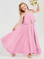 Long Chiffon Junior Bridesmaid Dresses Bowknot Spaghetti Straps Candy Pink