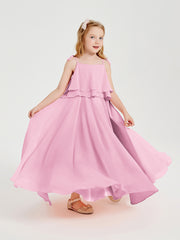 Long Chiffon Junior Bridesmaid Dresses Bowknot Spaghetti Straps Candy Pink