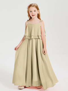 Long Chiffon Junior Bridesmaid Dresses Bowknot Spaghetti Straps Champagne