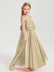 Long Chiffon Junior Bridesmaid Dresses Bowknot Spaghetti Straps Champagne