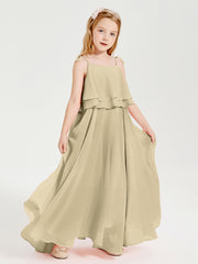 Long Chiffon Junior Bridesmaid Dresses Bowknot Spaghetti Straps Champagne