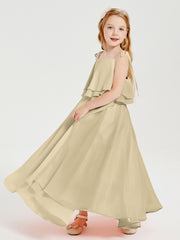 Long Chiffon Junior Bridesmaid Dresses Bowknot Spaghetti Straps Champagne