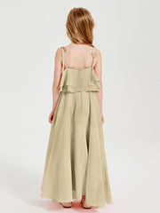 Long Chiffon Junior Bridesmaid Dresses Bowknot Spaghetti Straps Champagne