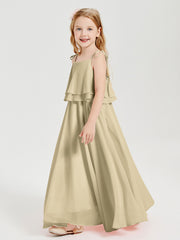 Long Chiffon Junior Bridesmaid Dresses Bowknot Spaghetti Straps Champagne