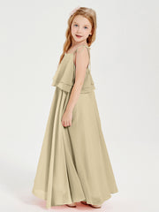 Long Chiffon Junior Bridesmaid Dresses Bowknot Spaghetti Straps Champagne