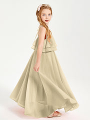 Long Chiffon Junior Bridesmaid Dresses Bowknot Spaghetti Straps Champagne