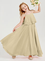 Long Chiffon Junior Bridesmaid Dresses Bowknot Spaghetti Straps Champagne